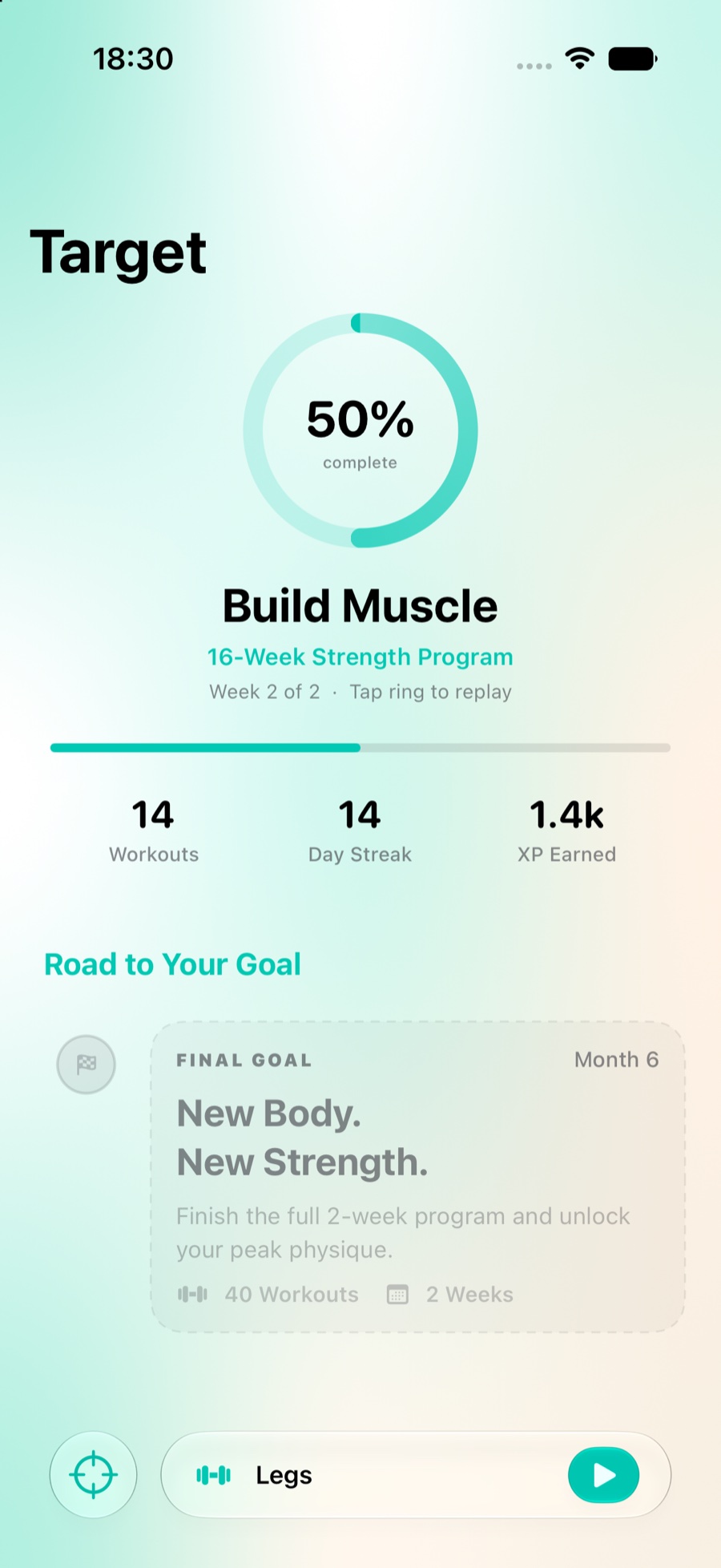The Target tab, showing a progress ring at 50% for a Build Muscle goal, with workouts completed, day streak and XP earned underneath.